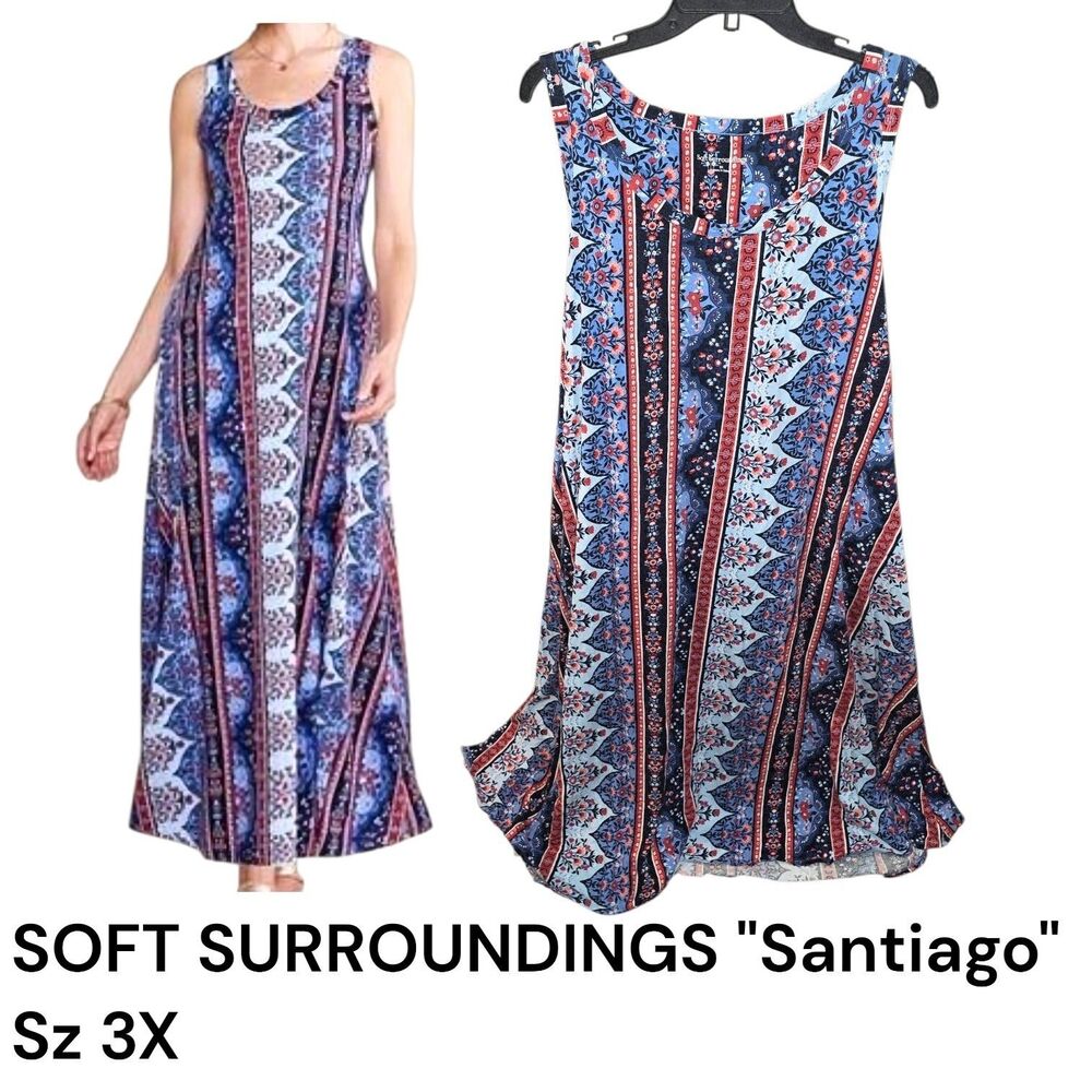 Soft Surroundings Sz 3X Santiago Blue Red Floral Side Pockets Boho Trapeze Dress